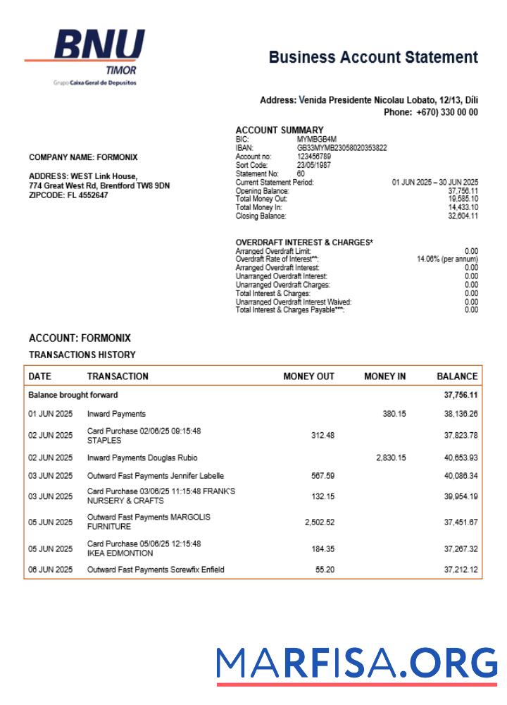 Printable Timor Leste BNU firm checking account statement Word and PDF template